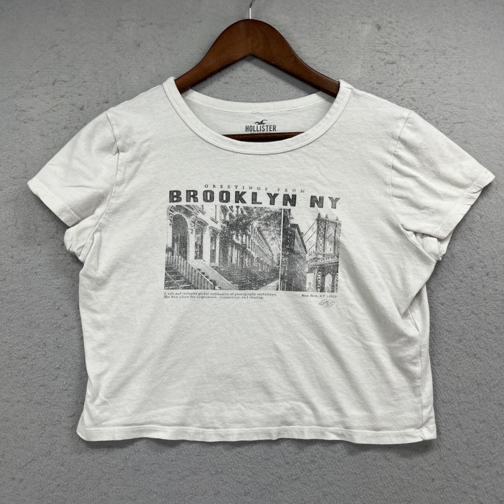 Hollister Graphic Tee Womens Large White Brooklyn NY Crop Casual Y2K Streetwear
